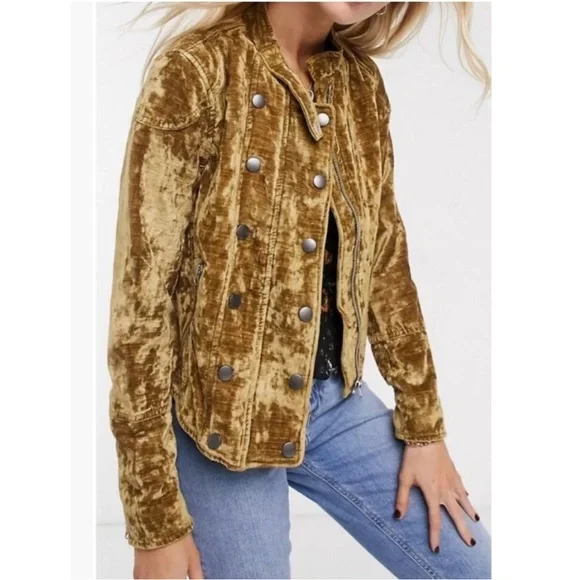 Free People Dusk To Dawn Military Jacket Velvet Moto Sz XL NWT We The Free Gold - Picture 3 of 15